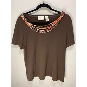 Alfred Dunner Petite M Brown Top With Multi-Color Neckline